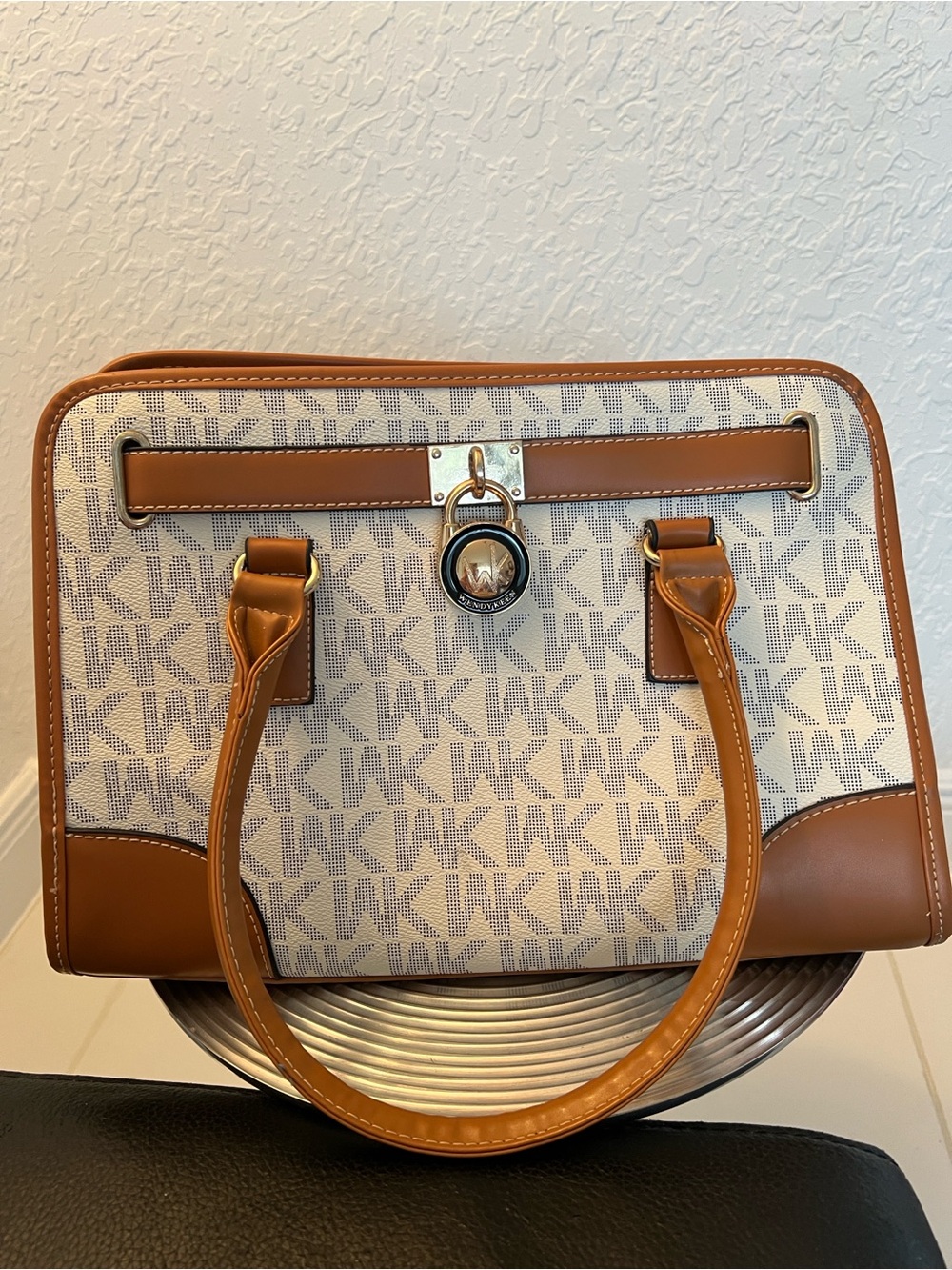 Wendy Keen Tan and White Logo Satchel